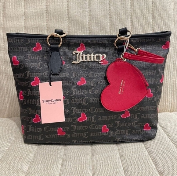 🔹️Juicy Couture 🔹️Black Red Valentine Day Edit Medium Tote Heart Logo - Picture 1 of 7